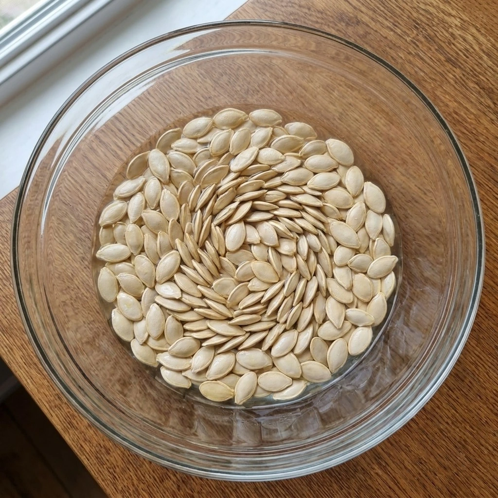 Lemon Roasted Pumpkin Seeds step showing raw pumpkin seeds rinsed clean in a glass bowl before drying. Recipe focus: spicy lemon roasted pumpkin seeds.