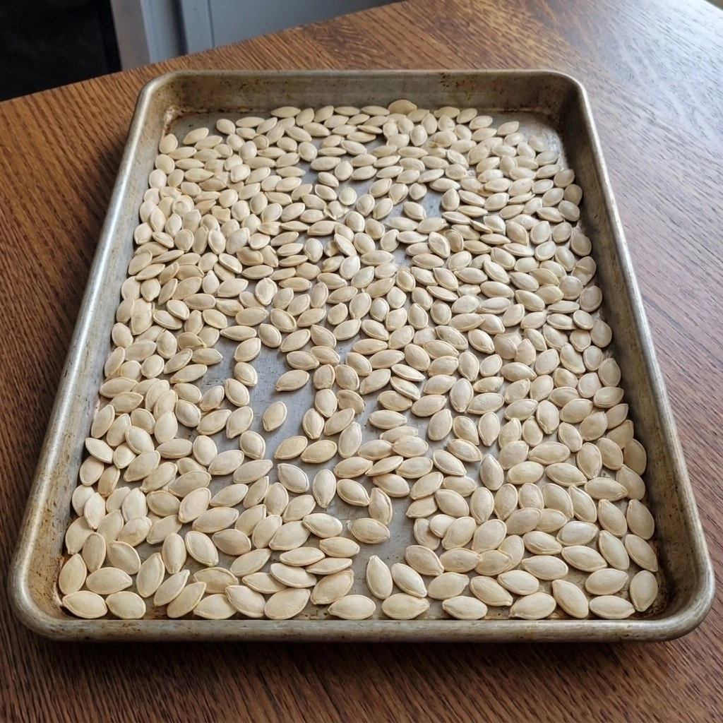 Lemon Roasted Pumpkin Seeds step with pale pumpkin seeds dried in a thin layer before seasoning. Recipe focus: how to make lemon roasted pumpkin seeds.