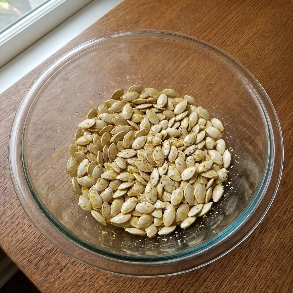 Lemon Roasted Pumpkin Seeds coated with olive oil, Eureka lemon zest, sea salt, garlic powder and black pepper. Recipe focus: spicy lemon roasted pumpkin seeds.