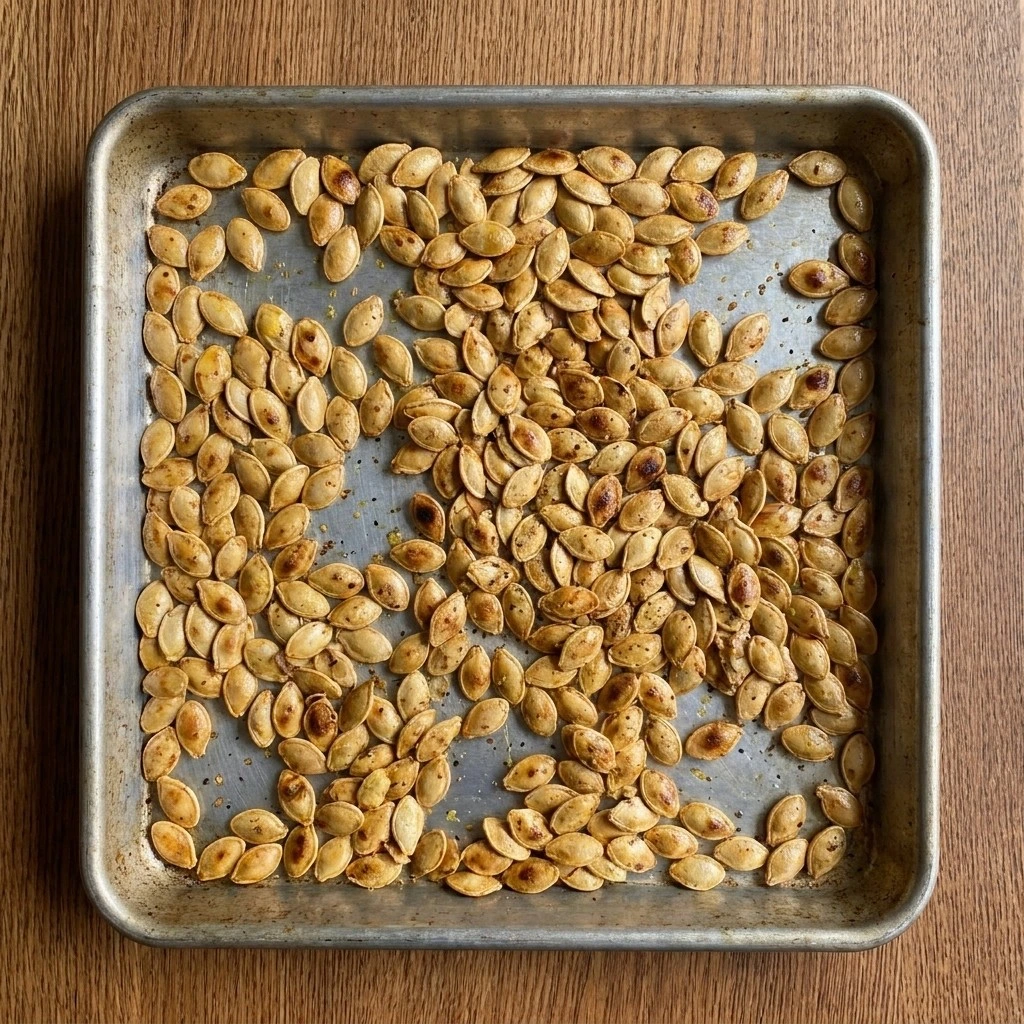 Lemon Roasted Pumpkin Seeds roasted golden on a sheet pan with amber edges and visible lemon zest. Recipe focus: how to make lemon roasted pumpkin seeds.