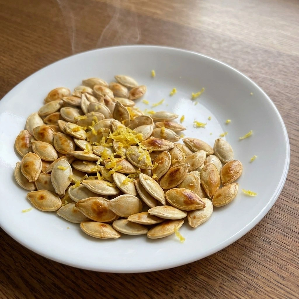 Lemon Roasted Pumpkin Seeds cooled until crisp and finished with fresh Eureka lemon zest on a white plate. Recipe focus: spicy lemon roasted pumpkin seeds.