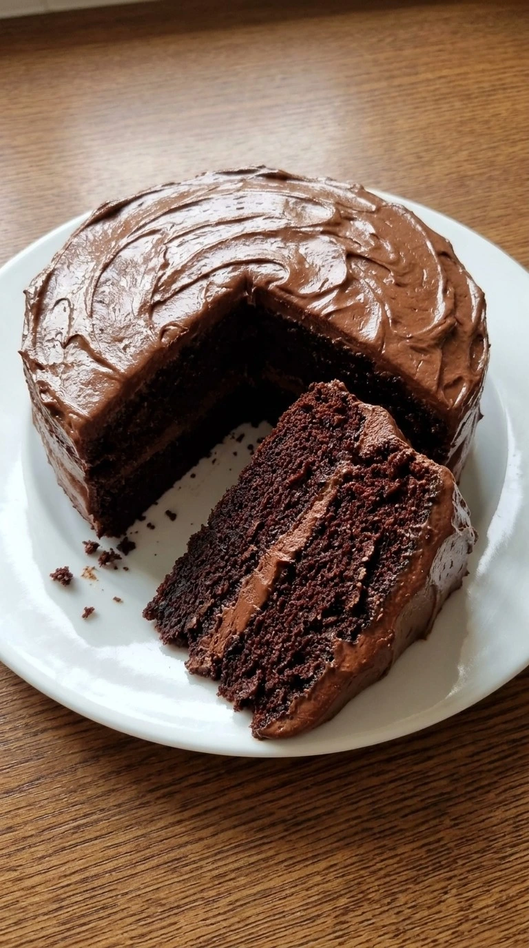 Moist Chocolate Cake with glossy chocolate frosting and a sliced soft crumb Recipe focus: chocolate zucchini cake.