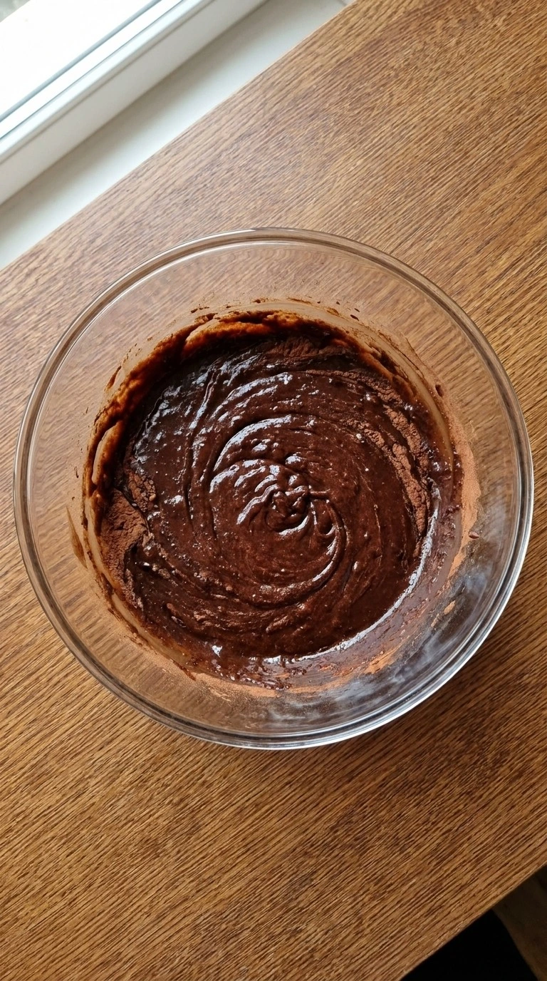 Moist Chocolate Cake batter mixed with cocoa and coffee in a bowl Recipe focus: chocolate chip zucchini cake.