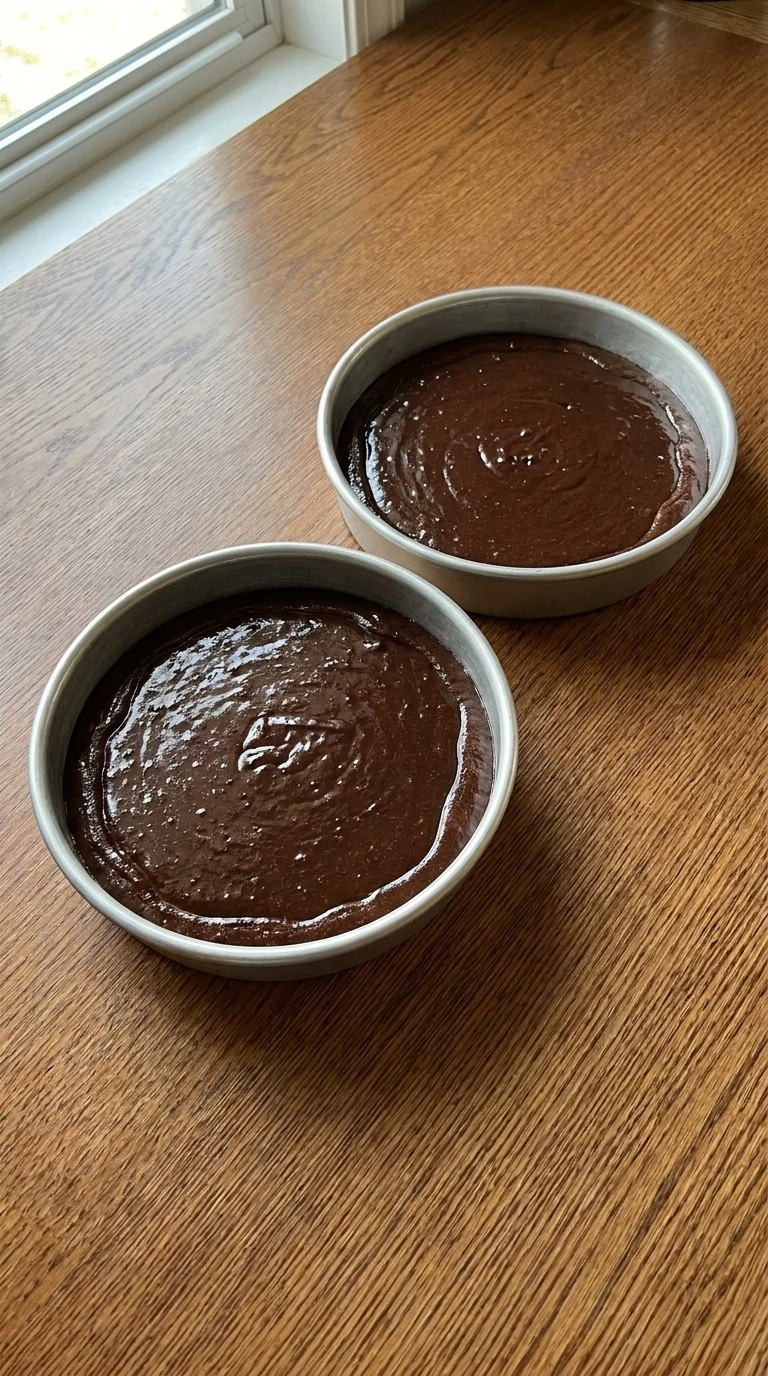 Moist Chocolate Cake batter in round pans before baking Recipe focus: moist chocolate zucchini bread.