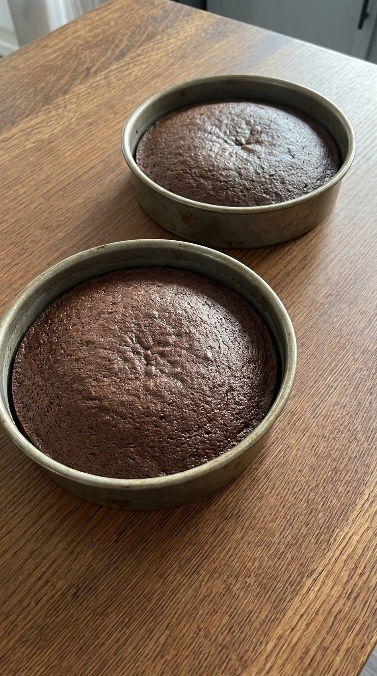 Moist Chocolate Cake layers cooling with dark chocolate crumb Recipe focus: chocolate fig cake.
