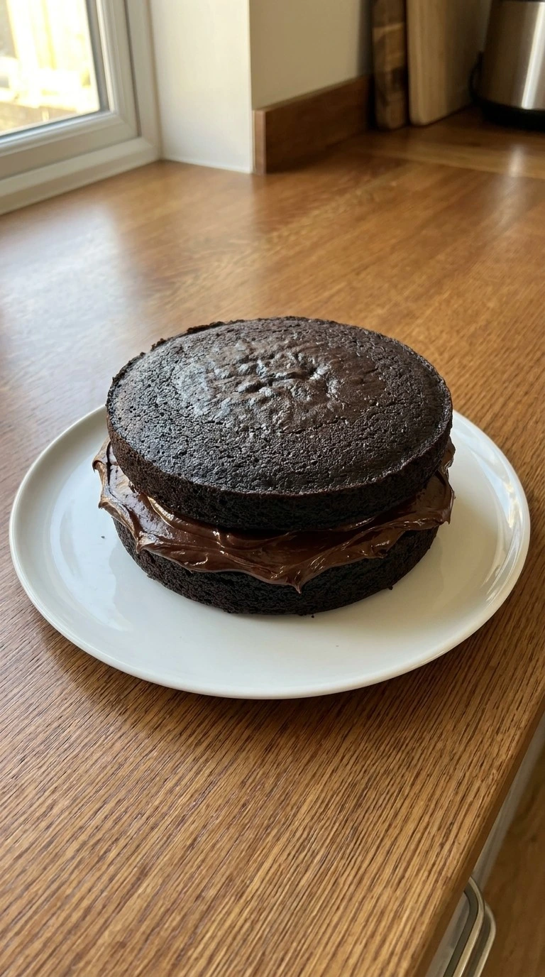 Moist Chocolate Cake layers with glossy chocolate frosting filling Recipe focus: chocolate zucchini cake.