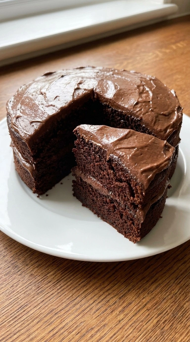 Moist Chocolate Cake slice with glossy frosting and soft chocolate crumb Recipe focus: chocolate zucchini cake.