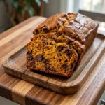 Pumpkin Bread with Cake Mix Boxes sliced to show moist pumpkin crumb with chocolate chips. Recipe focus: easy pumpkin bread with cake mix boxes.