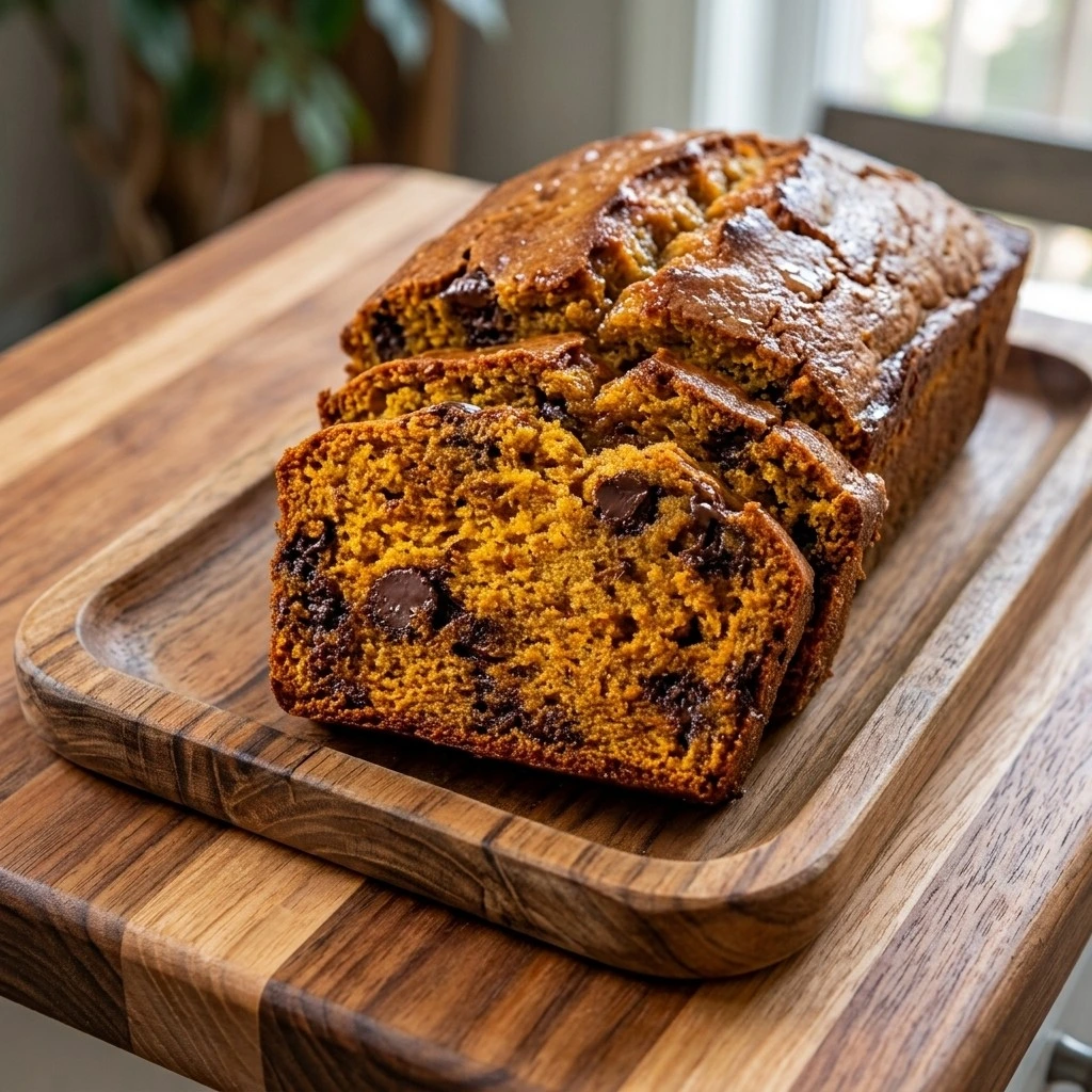 Pumpkin Bread with Cake Mix Boxes sliced to show moist pumpkin crumb with chocolate chips. Recipe focus: easy pumpkin bread with cake mix boxes.