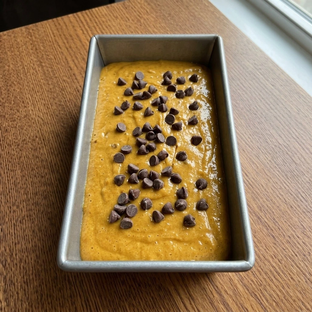 Pumpkin Bread with Cake Mix Boxes batter in loaf pan. Recipe focus: 3 ingredient pumpkin bread.