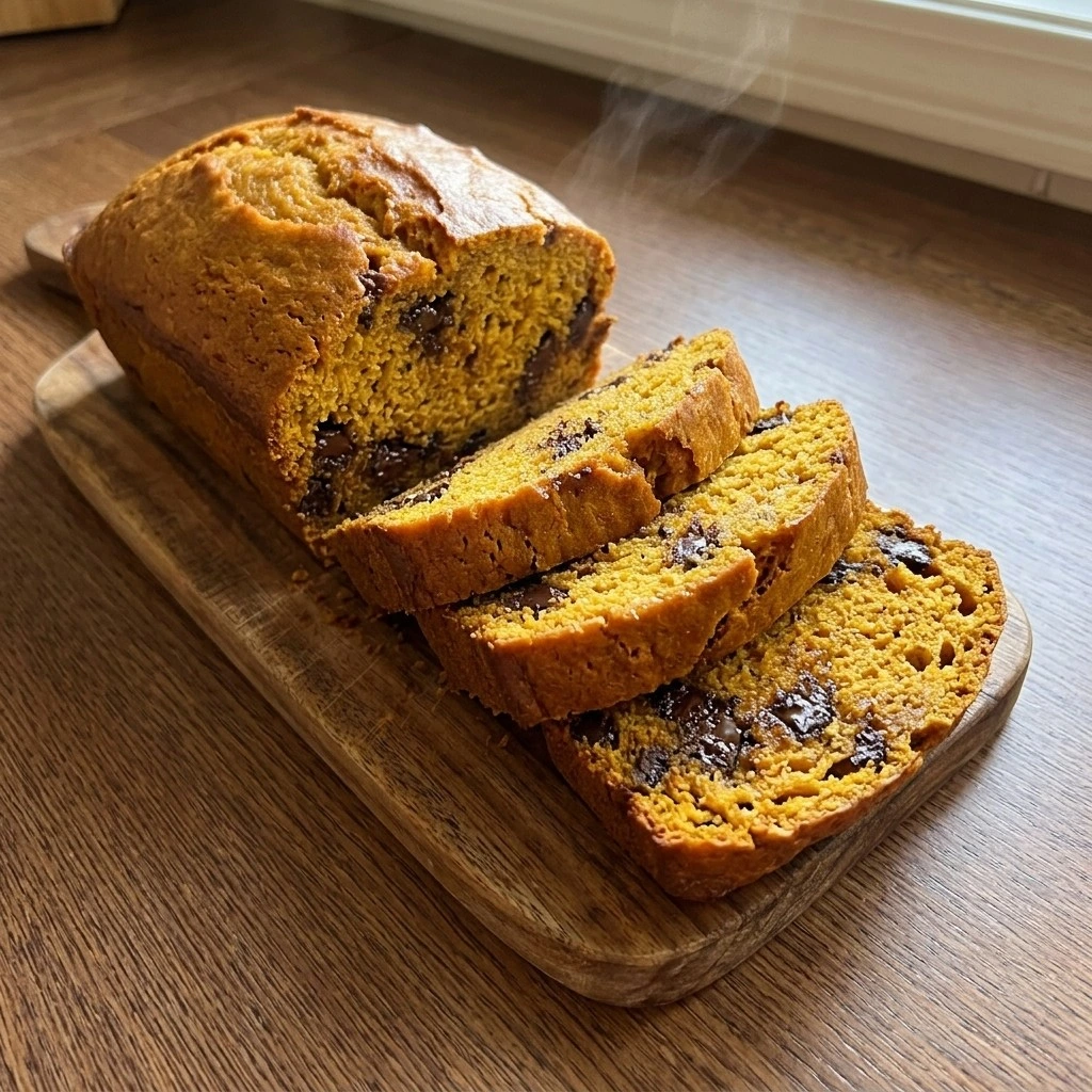 Pumpkin Bread with Cake Mix Boxes sliced and ready to serve. Recipe focus: pumpkin bundt cake with box cake.