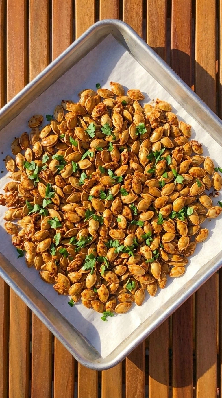Roasted Pumpkin Seeds with Parmesan Cheese with golden shells, Parmesan flecks and parsley