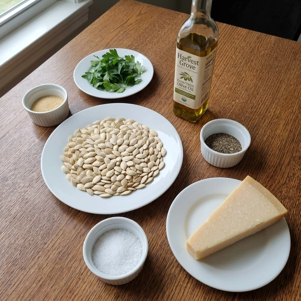 Ingredients for Roasted Pumpkin Seeds with Parmesan Cheese including raw seeds, Parmigiano-Reggiano, olive oil and seasonings