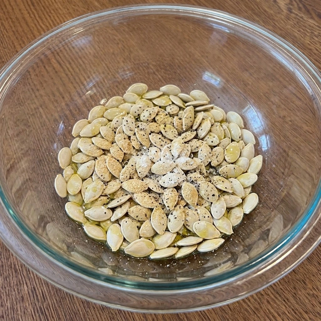 Seasoned seeds for Roasted Pumpkin Seeds with Parmesan Cheese before roasting