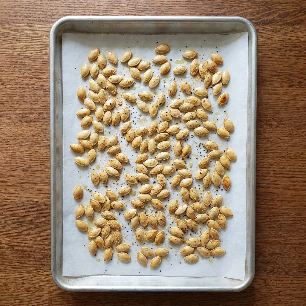 Partially roasted Roasted Pumpkin Seeds with Parmesan Cheese turning golden in the oven