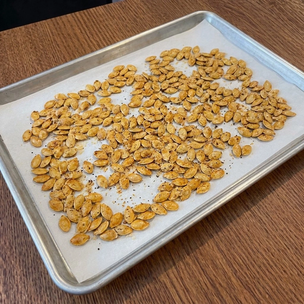Golden Roasted Pumpkin Seeds with Parmesan Cheese after the Parmesan finish