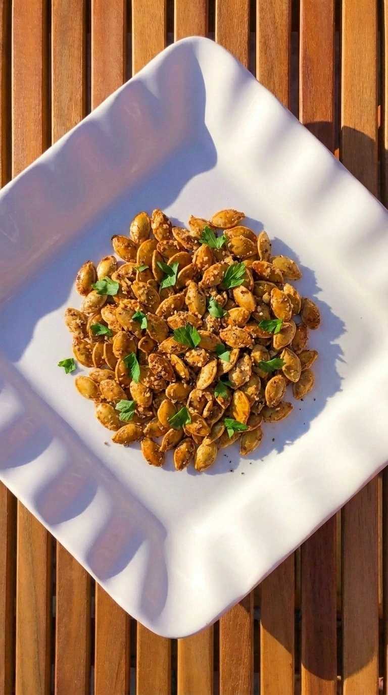 Finished Roasted Pumpkin Seeds with Parmesan Cheese served with parsley