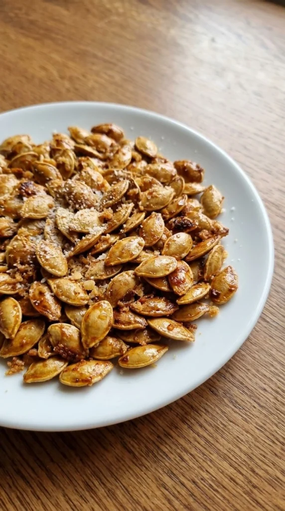 Roasted Pumpkin Seeds with Parmesan piled on a white plate with crisp golden shells and toasted Recipe focus: how to make roasted pumpkin seeds with parmesan.