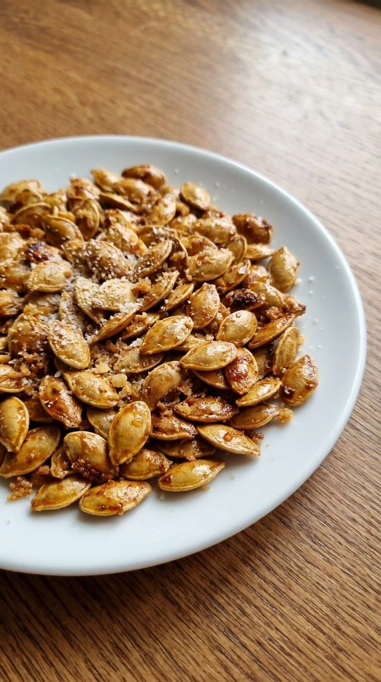 Roasted Pumpkin Seeds with Parmesan piled on a white plate with crisp golden shells and toasted Recipe focus: how to make roasted pumpkin seeds with parmesan.