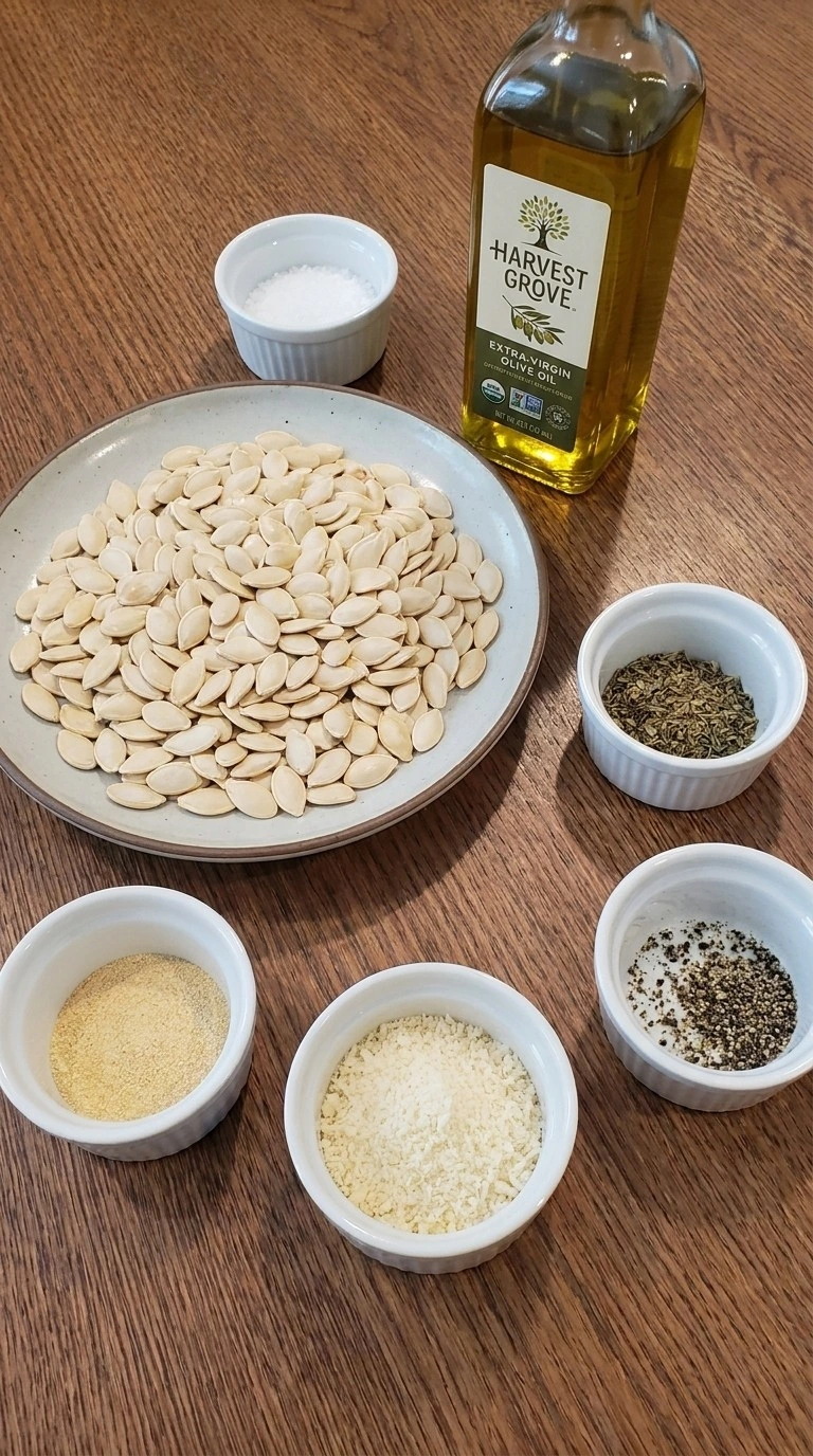 Ingredients for Roasted Pumpkin Seeds with Parmesan including fresh pumpkin seeds, Parmigiano Reggiano, olive oil Recipe focus: autumn roasted pumpkin seeds.