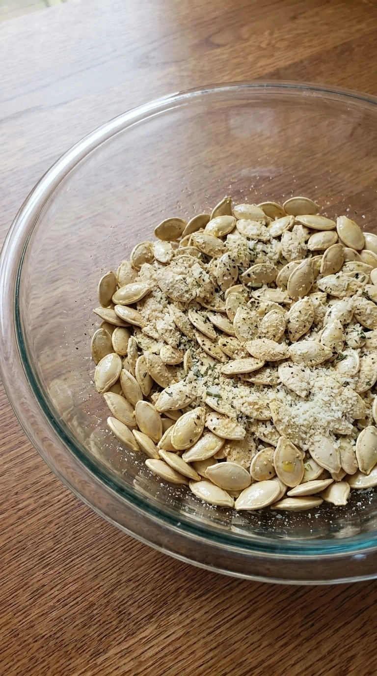 Seasoned raw seeds for Roasted Pumpkin Seeds with Parmesan coated with Parmigiano Reggiano and herbs Recipe focus: toasted pumpkin seeds.