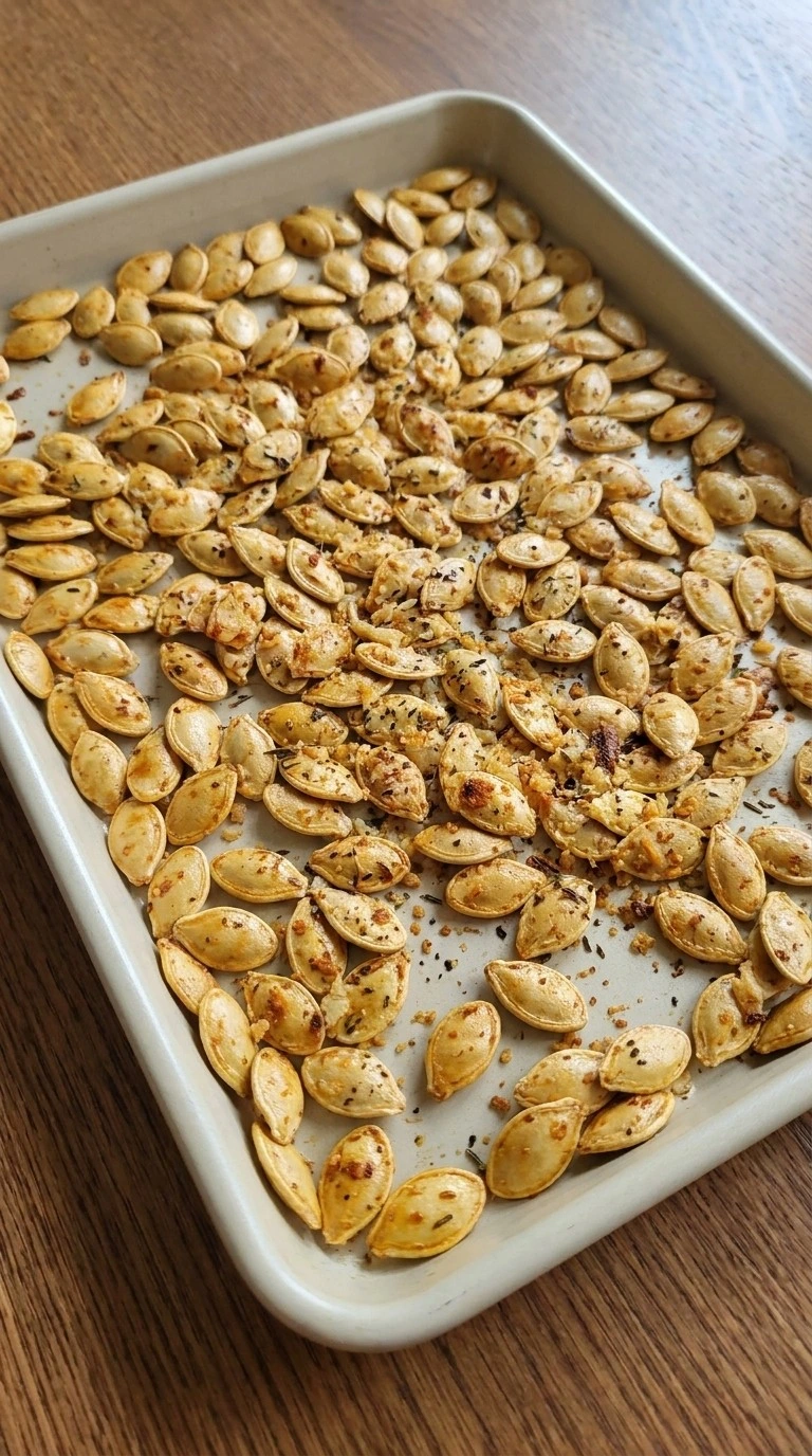 Golden Roasted Pumpkin Seeds with Parmesan developing crisp shells and toasted cheese in the oven Recipe focus: how to prepare pumpkin seeds.
