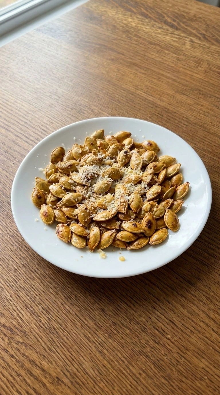 Finished Roasted Pumpkin Seeds with Parmesan served with crisp golden shells and fresh cheese Recipe focus: autumn roasted pumpkin seeds.