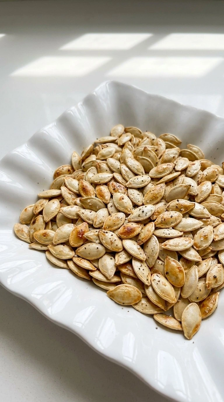 Roasted Pumpkin Seeds with Salt and Pepper piled in a white bowl with golden shells and pepper flecks