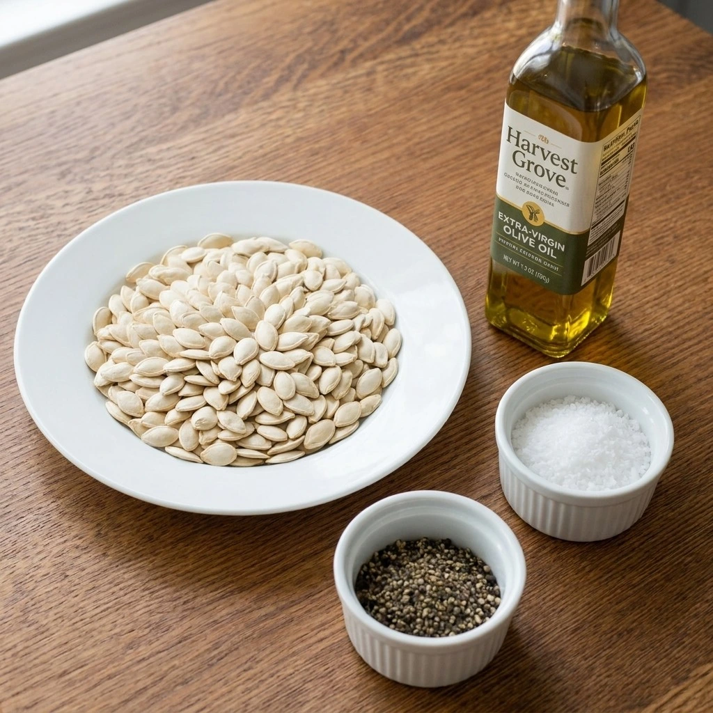 Ingredients for Roasted Pumpkin Seeds with Salt and Pepper including pumpkin seeds, olive oil, kosher salt and black pepper
