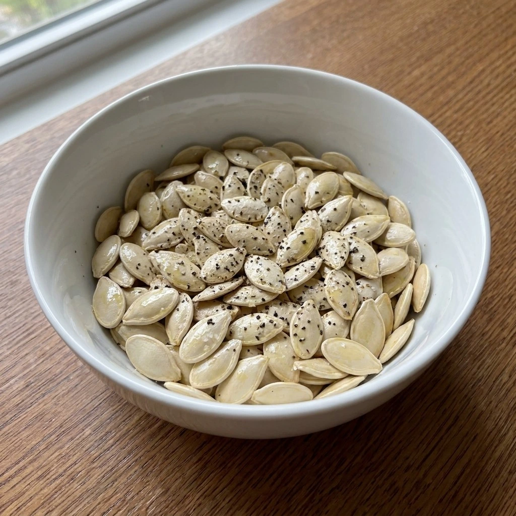 Roasted Pumpkin Seeds with Salt and Pepper coated with olive oil, kosher salt and black pepper