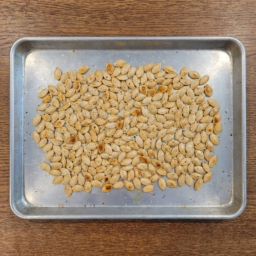 Roasted Pumpkin Seeds with Salt and Pepper turning golden on a sheet pan