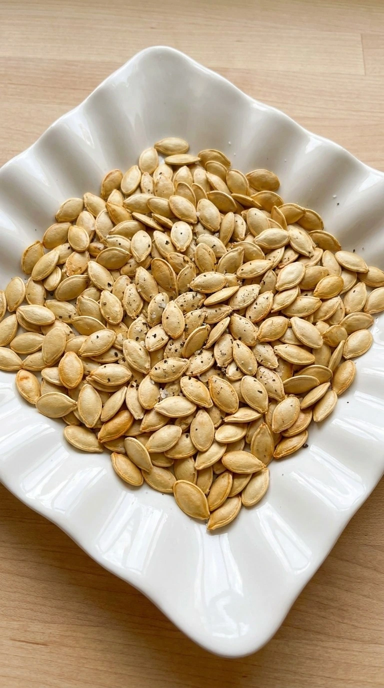 Roasted Pumpkin Seeds with Salt and Pepper cooled and served crisp on a white plate