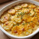 Slow Cooker Cheesy Scalloped Potatoes with golden melted cheese and tender potato layers Recipe focus: slow cooker chicken thighs and potatoes.