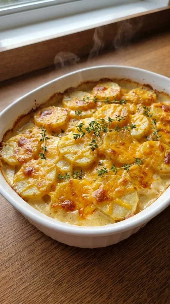 Slow Cooker Cheesy Scalloped Potatoes with golden melted cheese and tender potato layers Recipe focus: slow cooker chicken thighs and potatoes.