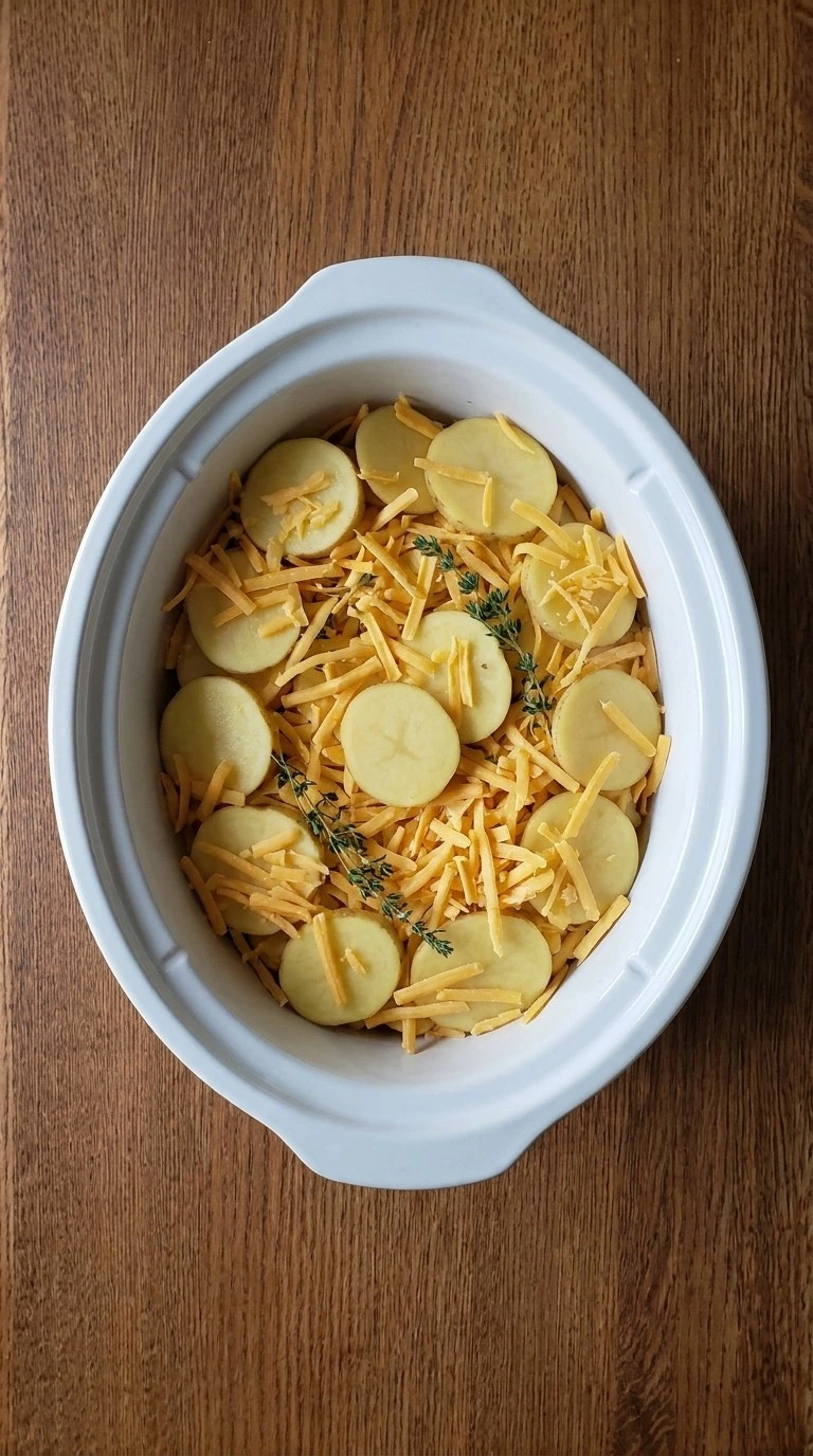 Slow Cooker Cheesy Scalloped Potatoes sliced Yukon Gold potatoes layered before cooking Recipe focus: slow cooker chicken thighs.