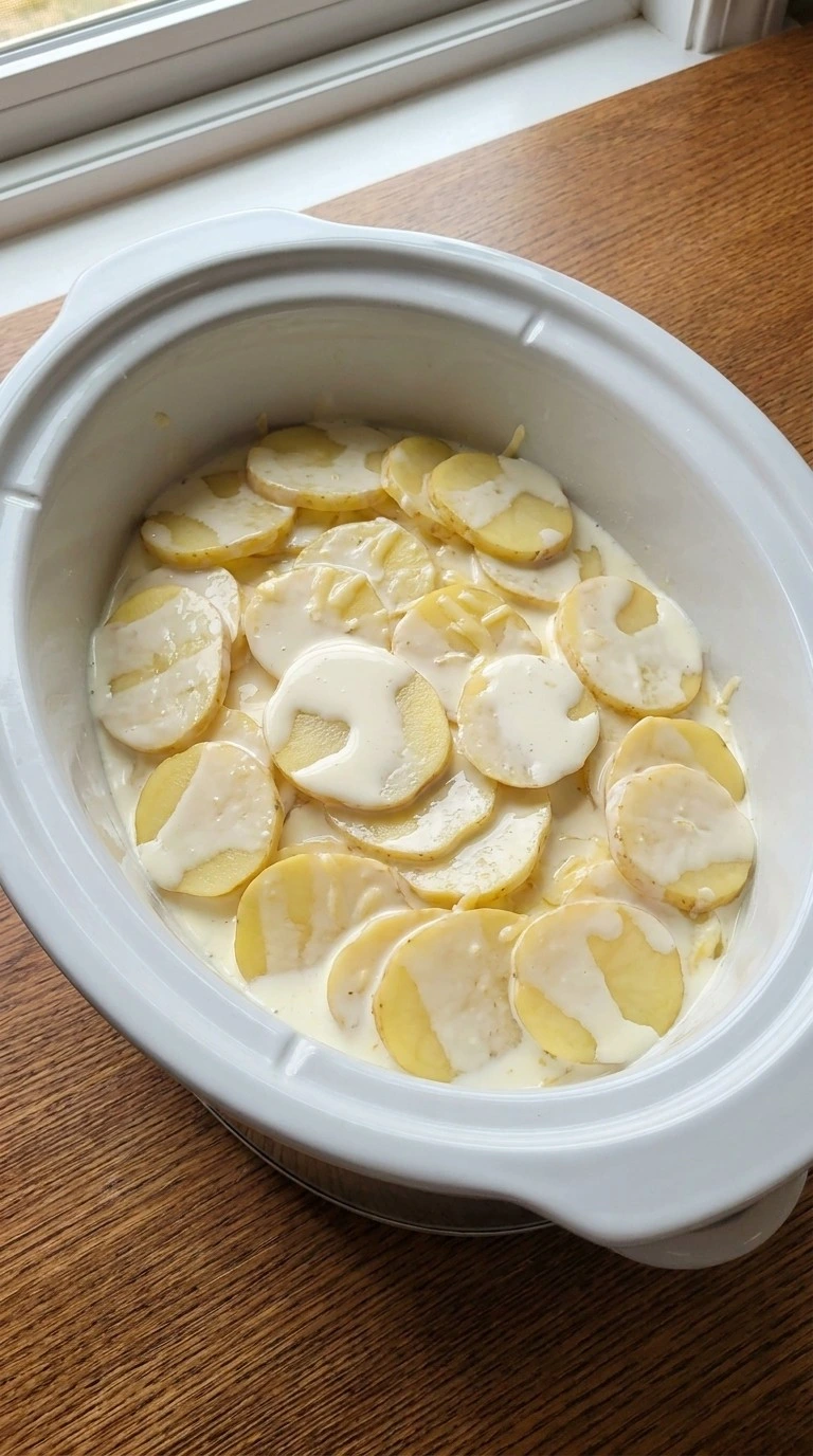 Slow Cooker Cheesy Scalloped Potatoes with cream sauce poured over potato layers Recipe focus: slow cooker soup recipes.