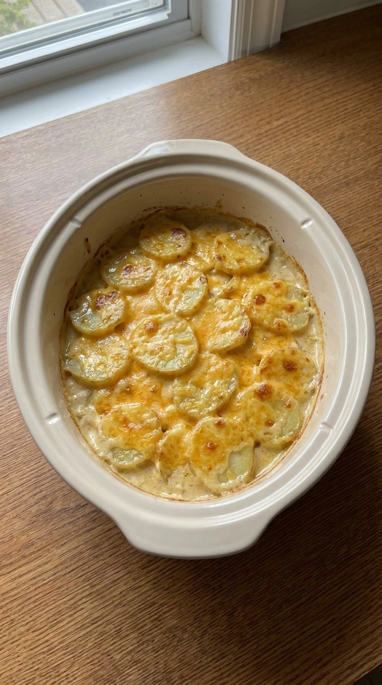 Slow Cooker Cheesy Scalloped Potatoes cooking with tender creamy potato layers Recipe focus: slow cooker potato soup.