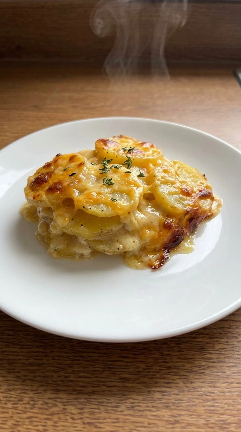 Slow Cooker Cheesy Scalloped Potatoes finished portion with melted cheese layers Recipe focus: slow cooker chicken thighs and potatoes.