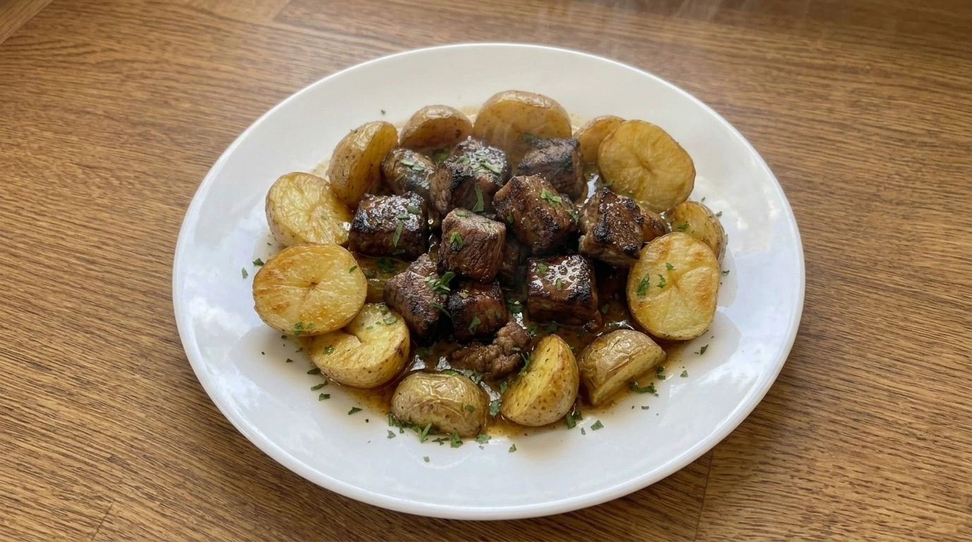 Slow Cooker Garlic Butter Beef Bites and Potatoes finished with glossy garlic butter beef cubes Recipe focus: crockpot garlic butter steak bites and potatoes.