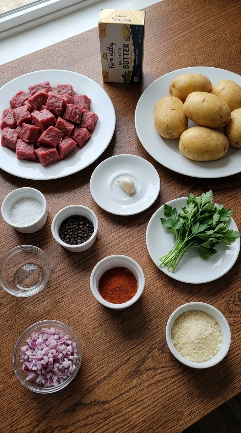 Slow Cooker Garlic Butter Beef Bites and Potatoes ingredients including beef cubes Yukon Gold potatoes garlic Recipe focus: crockpot steak bites and potatoes.