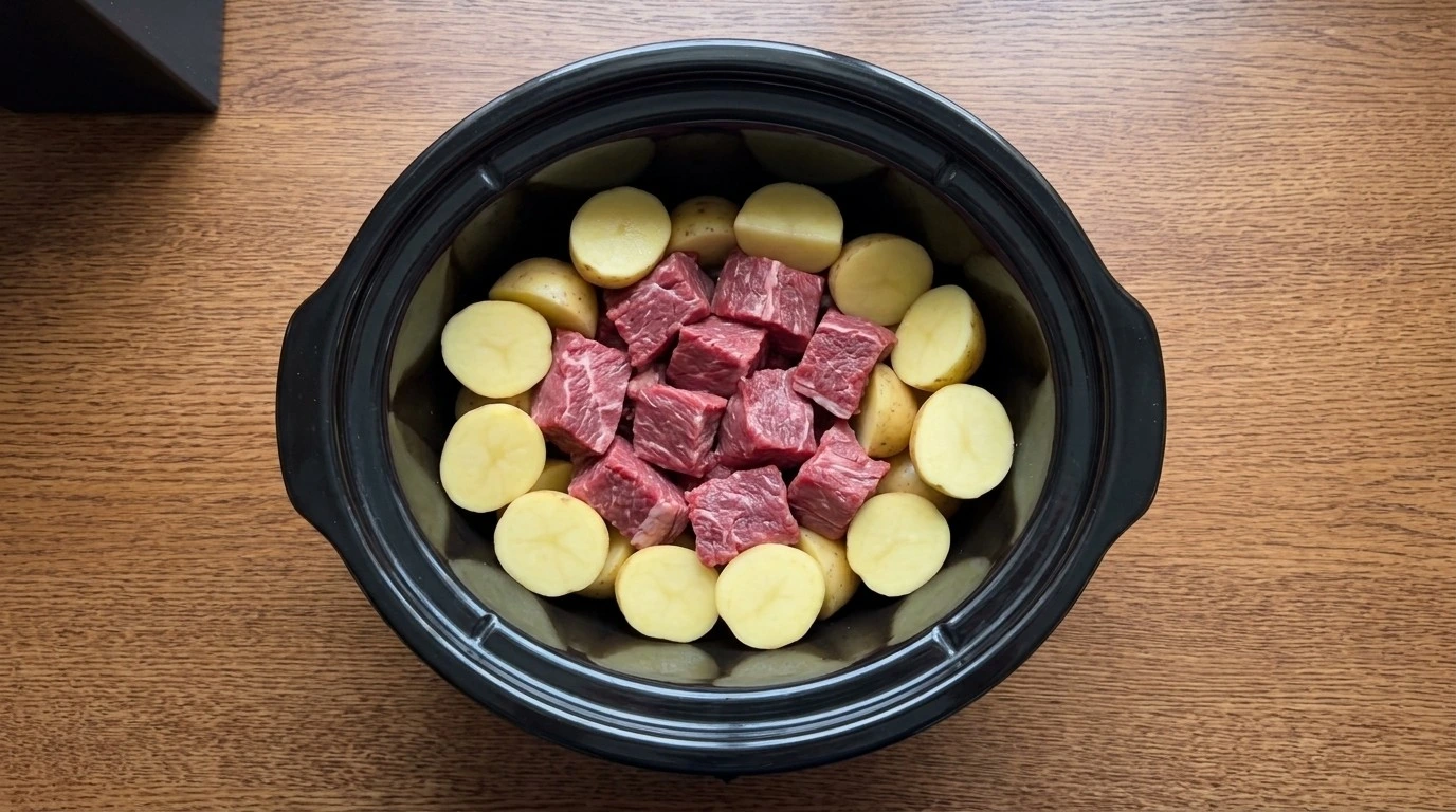 Slow Cooker Garlic Butter Beef Bites and Potatoes with raw beef sirloin cubes and halved Yukon Gold potatoes. Recipe focus: cowboy butter steak bites.