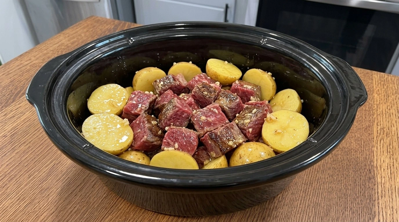 Slow Cooker Garlic Butter Beef Bites and Potatoes coated with garlic butter seasoning before cooking. Recipe focus: steak bites dinner ideas.