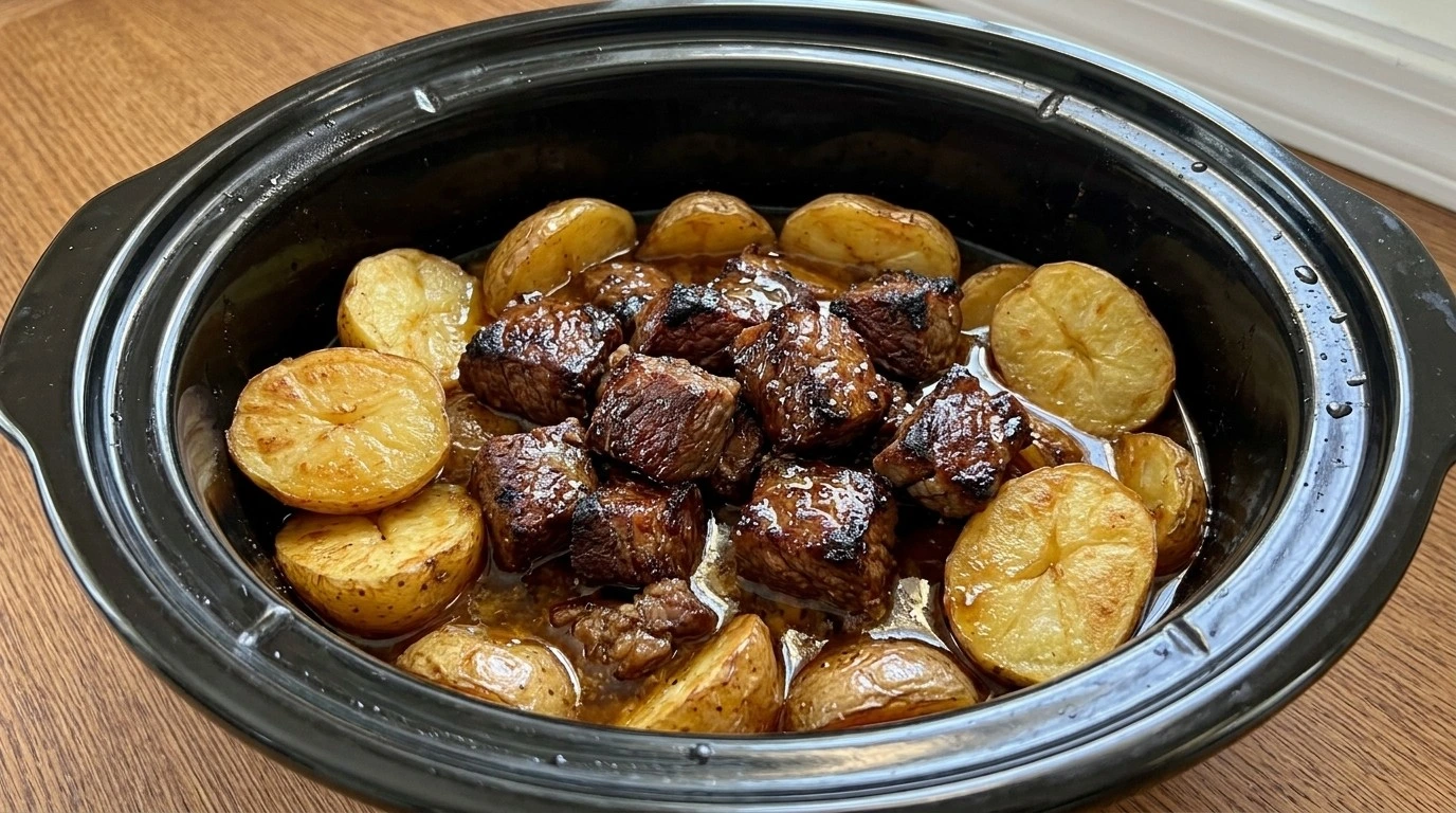 Slow Cooker Garlic Butter Beef Bites and Potatoes slow cooking with browned beef cubes and softened potatoes. Recipe focus: easy crockpot meals.