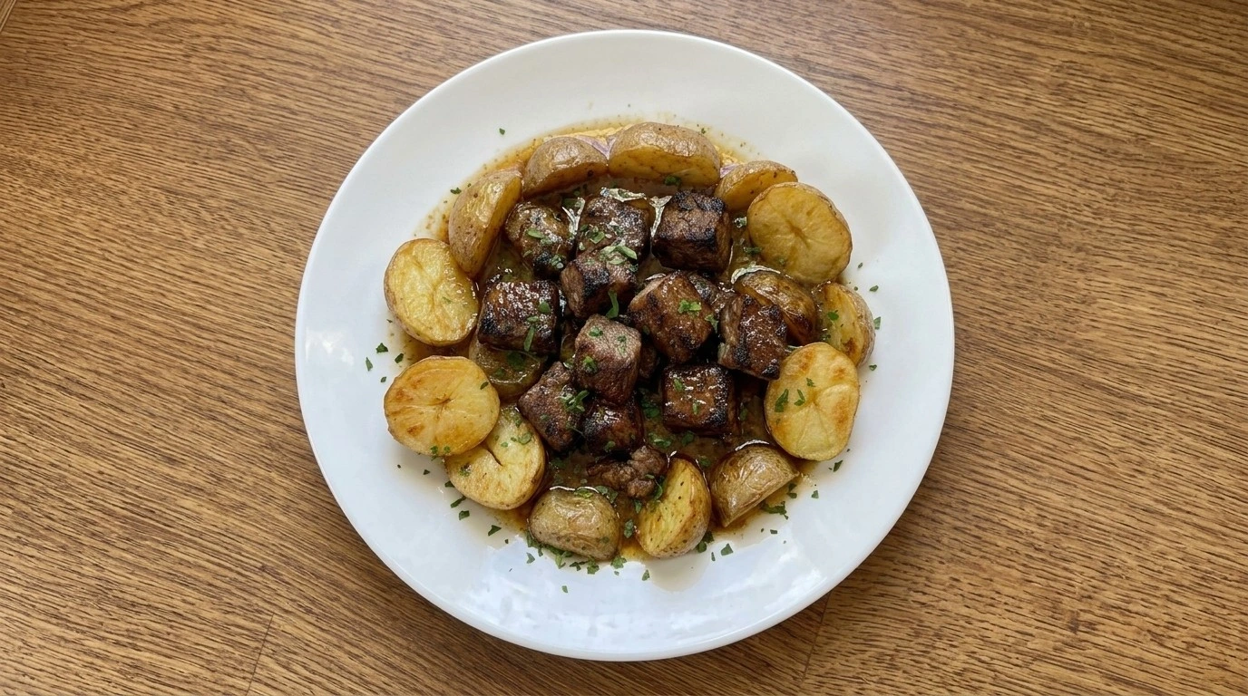 Slow Cooker Garlic Butter Beef Bites and Potatoes plated with browned beef cubes golden potatoes Recipe focus: crockpot garlic butter steak bites and potatoes.