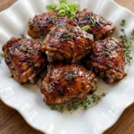 Slow Cooker Jerk Chicken with glossy mahogany glazed chicken thighs in a serving dish Recipe focus: slow cooker chicken thighs.