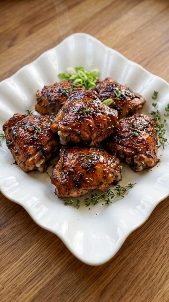 Slow Cooker Jerk Chicken with glossy mahogany glazed chicken thighs in a serving dish Recipe focus: slow cooker chicken thighs.