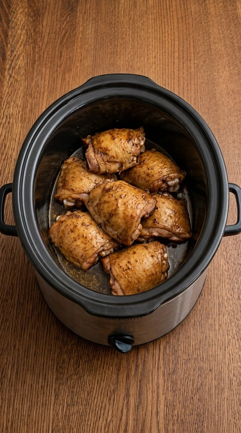 Slow Cooker Jerk Chicken thighs cooking slowly with spicy glaze Recipe focus: chicken thighs slow cooker.