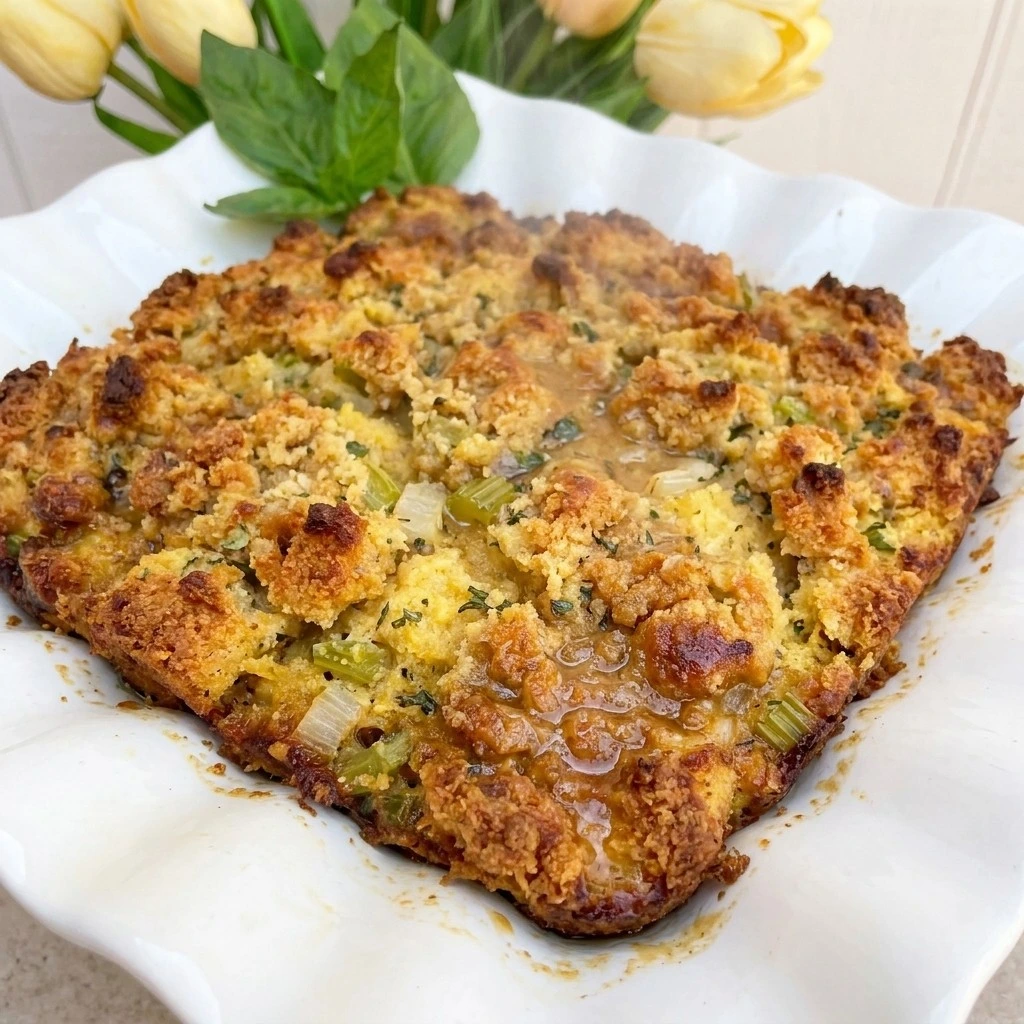 Southern Thanksgiving Soul Food Cornbread Dressing baked with golden cornbread pieces Recipe focus: southern thanksgiving recipes soul food cornbread dressing.