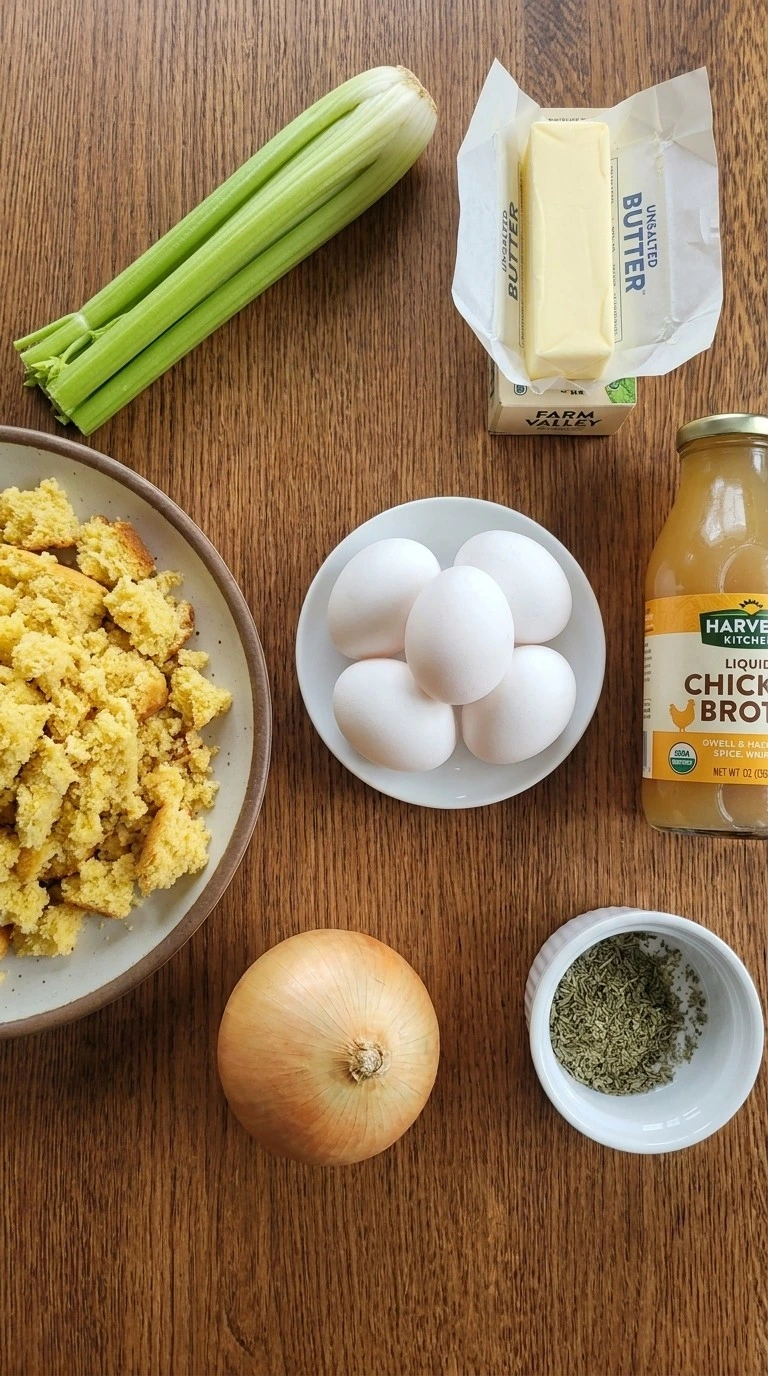 Southern Thanksgiving Soul Food Cornbread Dressing ingredients including cornbread celery onions and herbs Recipe focus: southern cooking soul food.