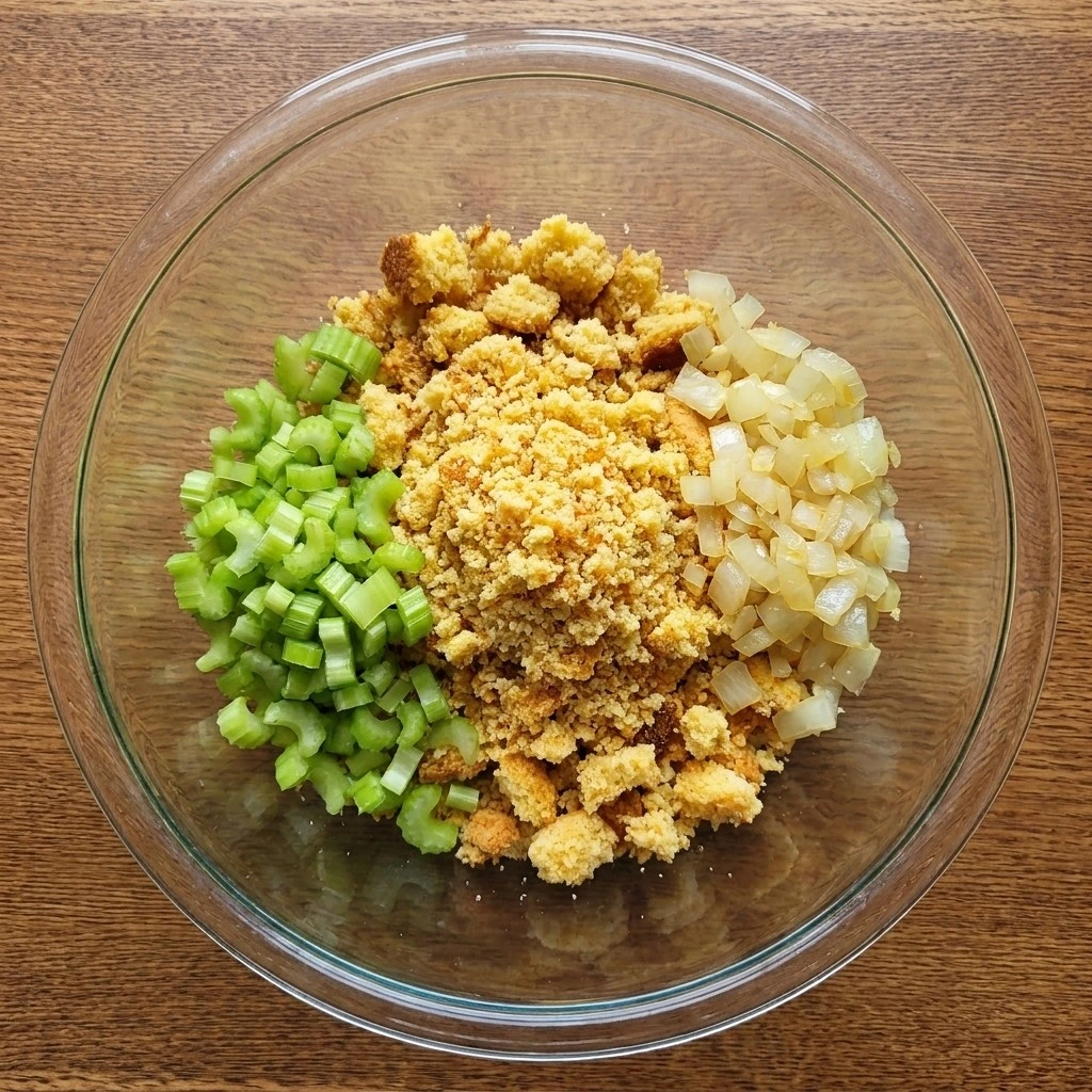 Southern Thanksgiving Soul Food Cornbread Dressing base with crumbled cornbread celery and onions Recipe focus: cornbread dressing with chicken.